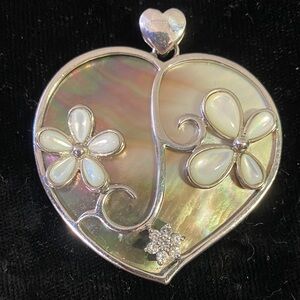 Silver Heart Pendant with Mother of Pearl and Floral Design with CZ